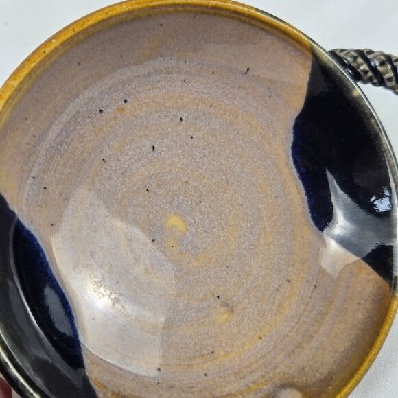 Studio Pottery Handmade Small Trinket Dish Bowl with Double Handles Cream Black - Picture 8 of 11